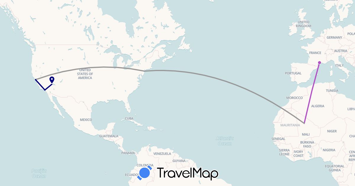 TravelMap itinerary: driving, plane, train in Spain, France, United States (Europe, North America)